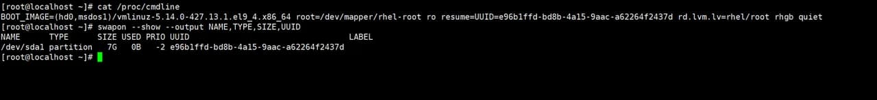 cat /proc/cmdline の resume=UUID と swapon --show の UUID が同じ値になっているターミナル出力