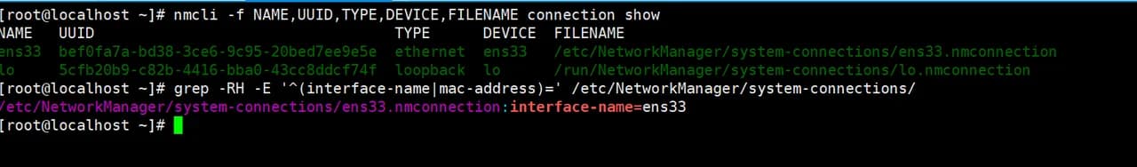 nmcli connection show の結果と、interface-name=ens33 だけがヒットした grep のターミナル出力