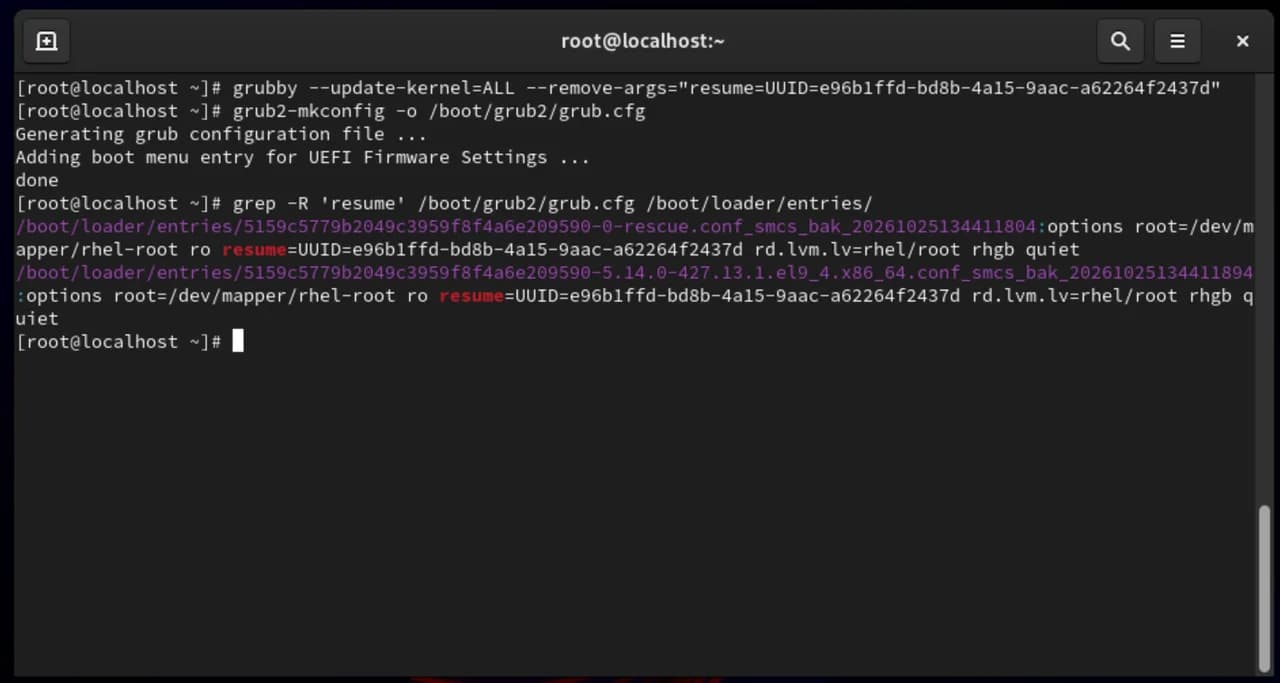 grubby と grub2-mkconfig を実行した後、grep で resume がヒットするのが smcs_bak_ 付きのエントリーだけになったターミナル出力