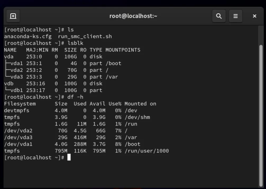 lsblk と df -h の出力に vdb1 はあるが LVM ボリュームと /db が表示されていないターミナル