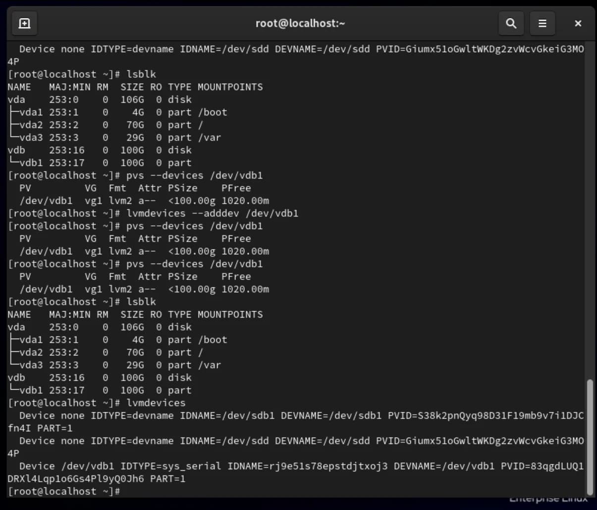 pvs --devices /dev/vdb1 と lvmdevices --adddev /dev/vdb1 を実行し、lvmdevices の一覧に /dev/vdb1 が追加されたターミナル出力