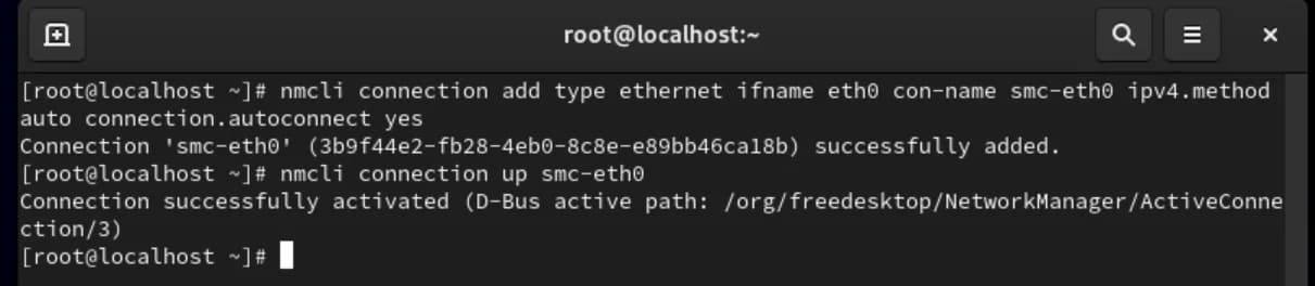 nmcli connection add で smc-eth0 を追加し、nmcli connection up で有効化に成功したターミナル出力
